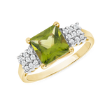 Ladies Princess Peridot & Square Diamond Cluster Sides Ring