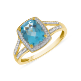 Ladies Rectangular Blue Topaz & Diamond Halo Split Sides Ring