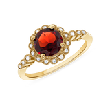 Ladies Round Garnet & Floral Diamond Halo Ring