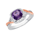 Ladies Two-Tone Cushion Amethyst & Diamond Halo Twist Sides Ring