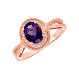 Ladies Oval Amethyst & Diamond Halo Twist Split Sides Ring