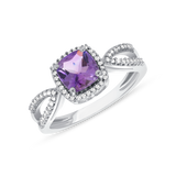 Ladies Cushion Amethyst & Diamond Halo Split Sides Ring