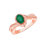 Ladies Oval Emerald & Diamond Halo Twist Sides Ring