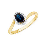 Ladies Oval Blue Sapphire and Diamond Halo Curved Ring