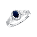 Ladies Oval Blue & White Sapphire Halo Baguette Sides Ring