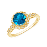 Ladies Round Blue Topaz& Diamond Flowered Halo Ring